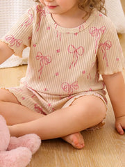 Children's Ribbed Knit Top And Shorts Set in Apricot, front view