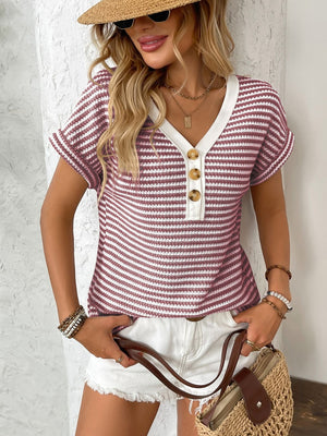 Button-down breton stripe knit top in burgundy with white trim and buttons.