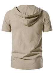 Men's sage short sleeve hooded top with textured cotton fabric.