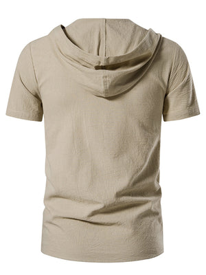 Men's sage short sleeve hooded top with textured cotton fabric.