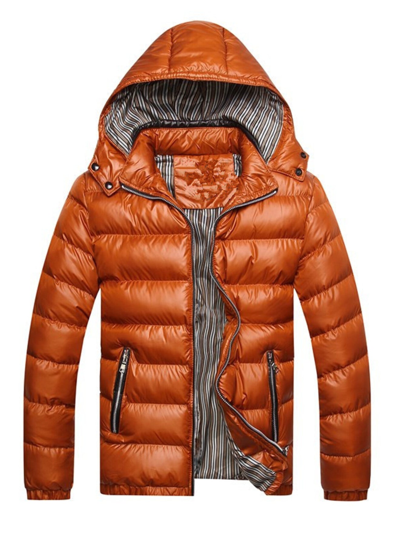 Orange hooded puffer jacket for men with striped lining and zip pockets