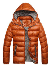 Orange hooded puffer jacket for men with striped lining and zip pockets