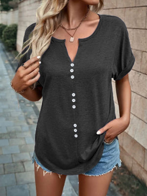 Buttoned V-neck short sleeve t-shirt in dark gray with decorative buttons.