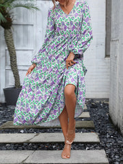Vibrant paisley print V-neck dress with balloon sleeves and drawstring waist