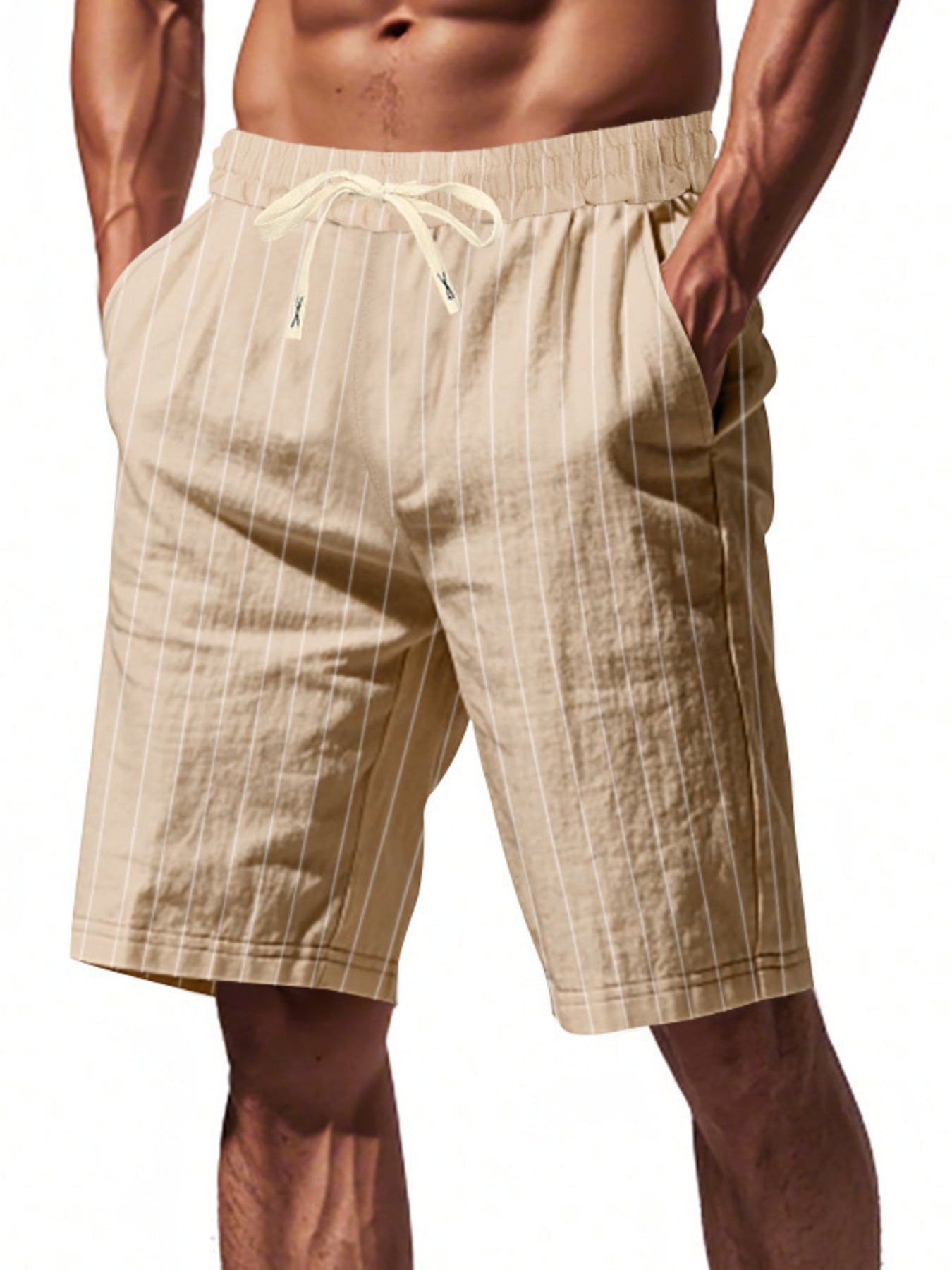 Khaki striped chino shorts with drawstring waist and pockets