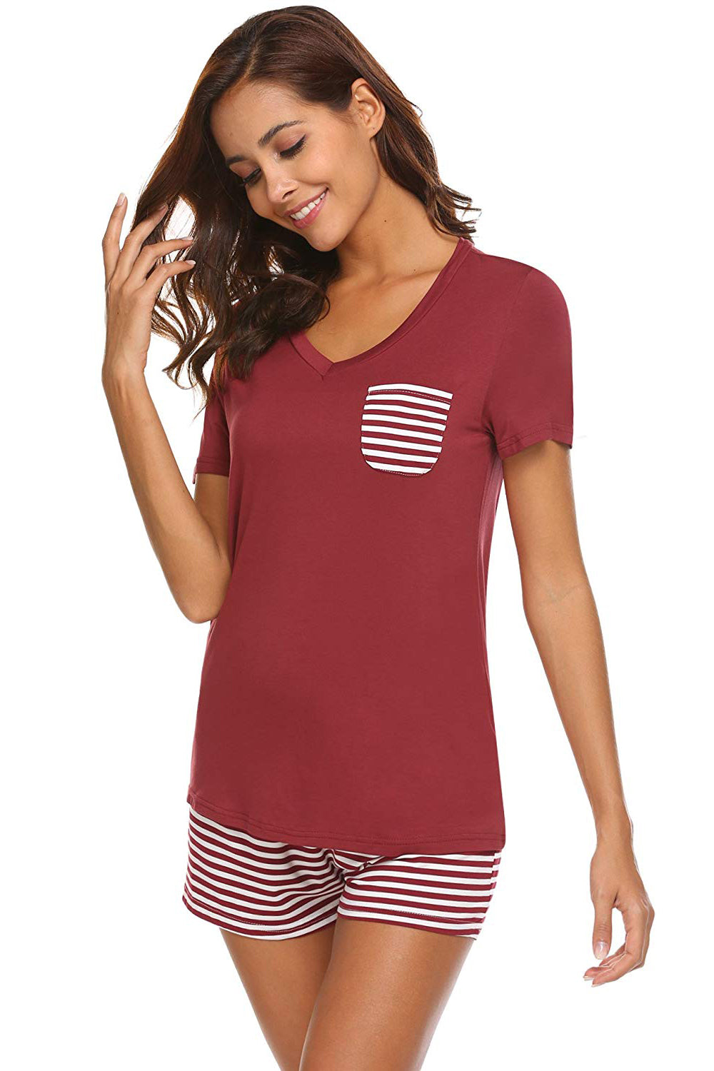 Burgundy V-neck loungewear set with striped pocket and shorts.