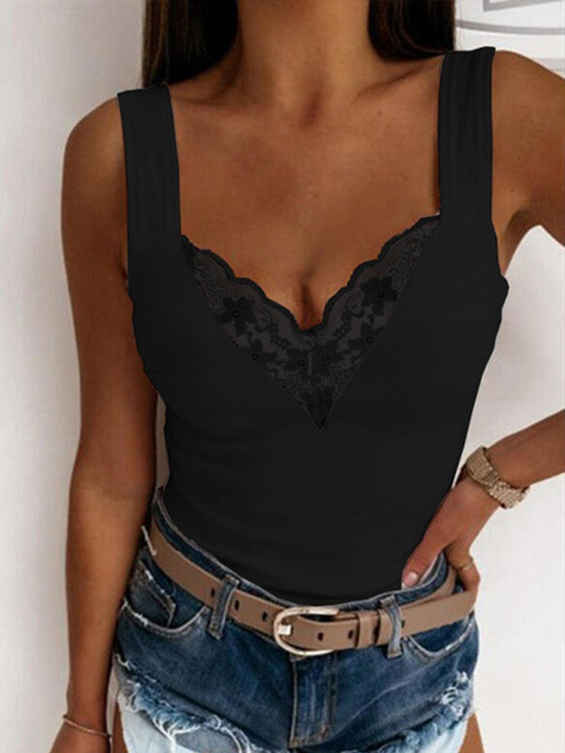 Black ribbed tank top with lace inset V-neck and wide straps