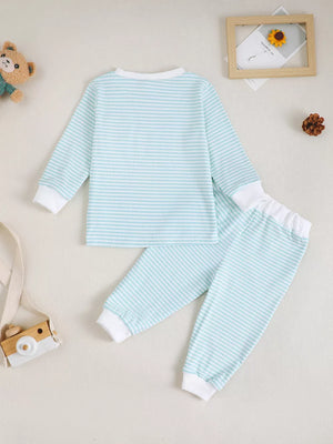 Children's Bear Striped Top And Pants Set in Light Blue, alternate angle