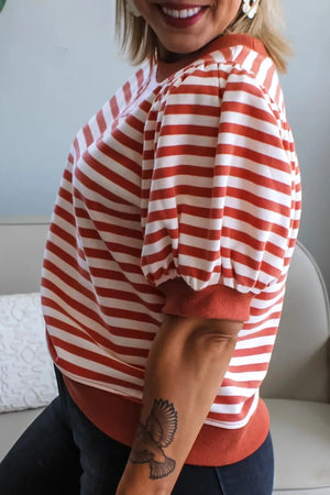 Maternity t-shirt with red and white stripes, puff sleeves, and crew neck.
