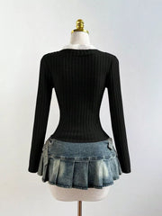 V-neck Lace Trim Ribbed Knit T-shirt, front view