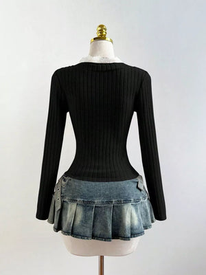 V-neck Lace Trim Ribbed Knit T-shirt, front view