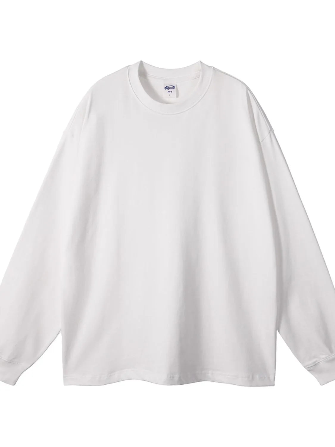White oversized drop-shoulder crewneck pullover sweatshirt, 100% cotton, basic style.