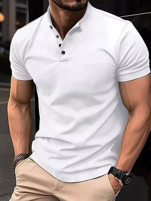 White Mandarin Collar Henley Polo Shirt with buttoned placket and short sleeves.
