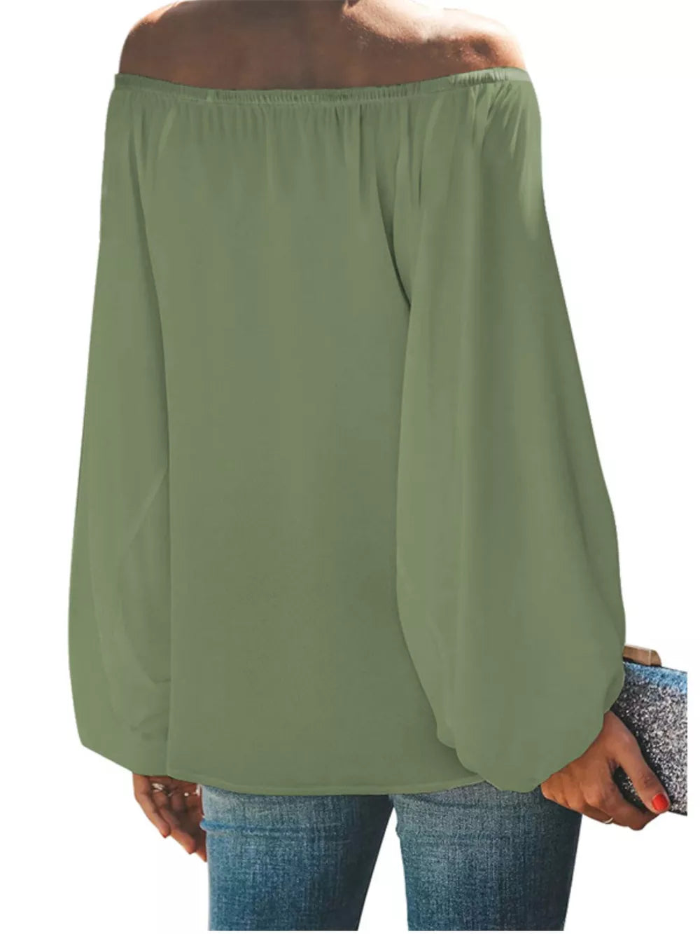 Green off-shoulder maternity blouse with balloon sleeves, styled with jeans and a clutch.