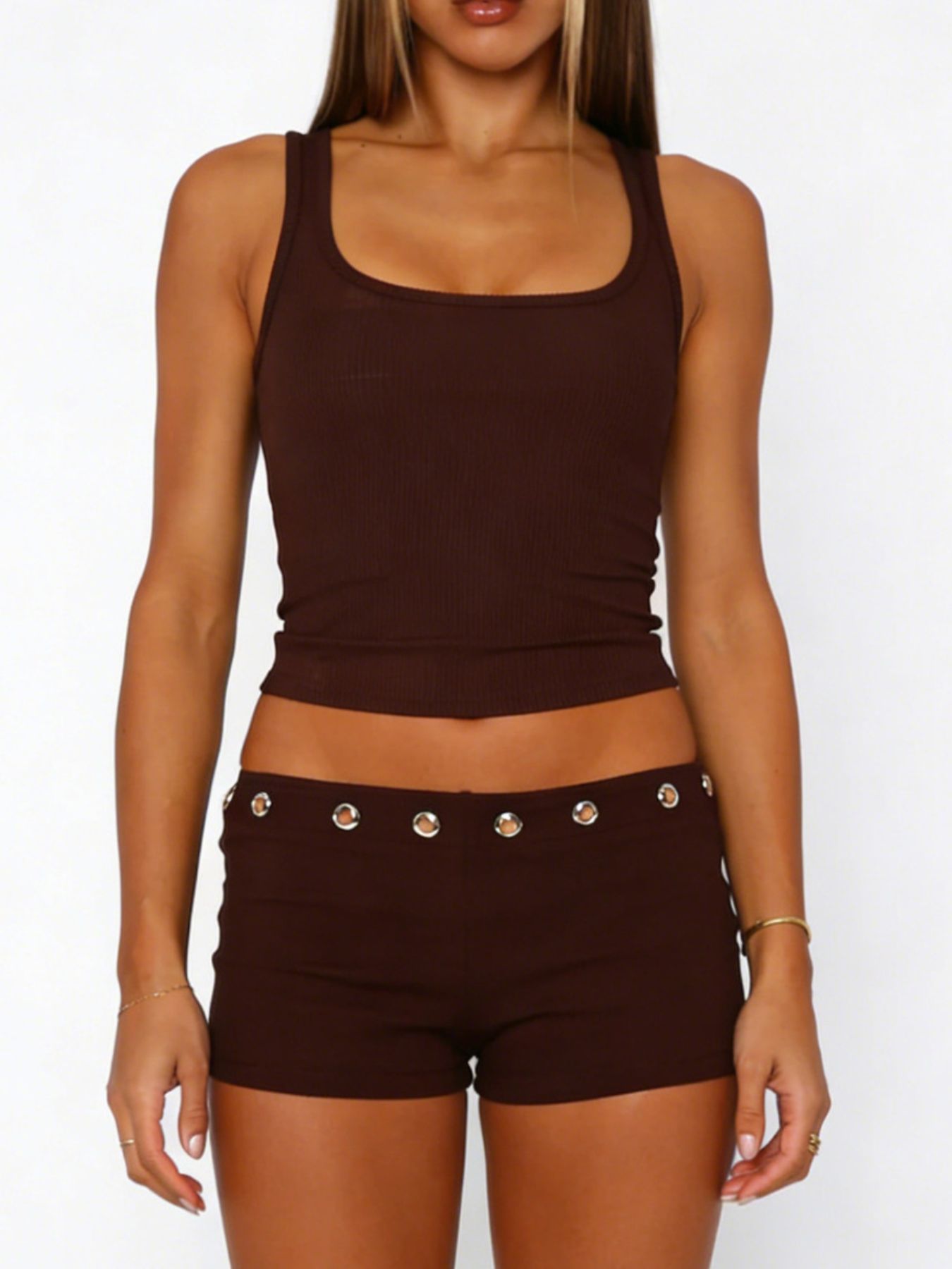 Brown ribbed tank top and shorts set with grommet detail on shorts