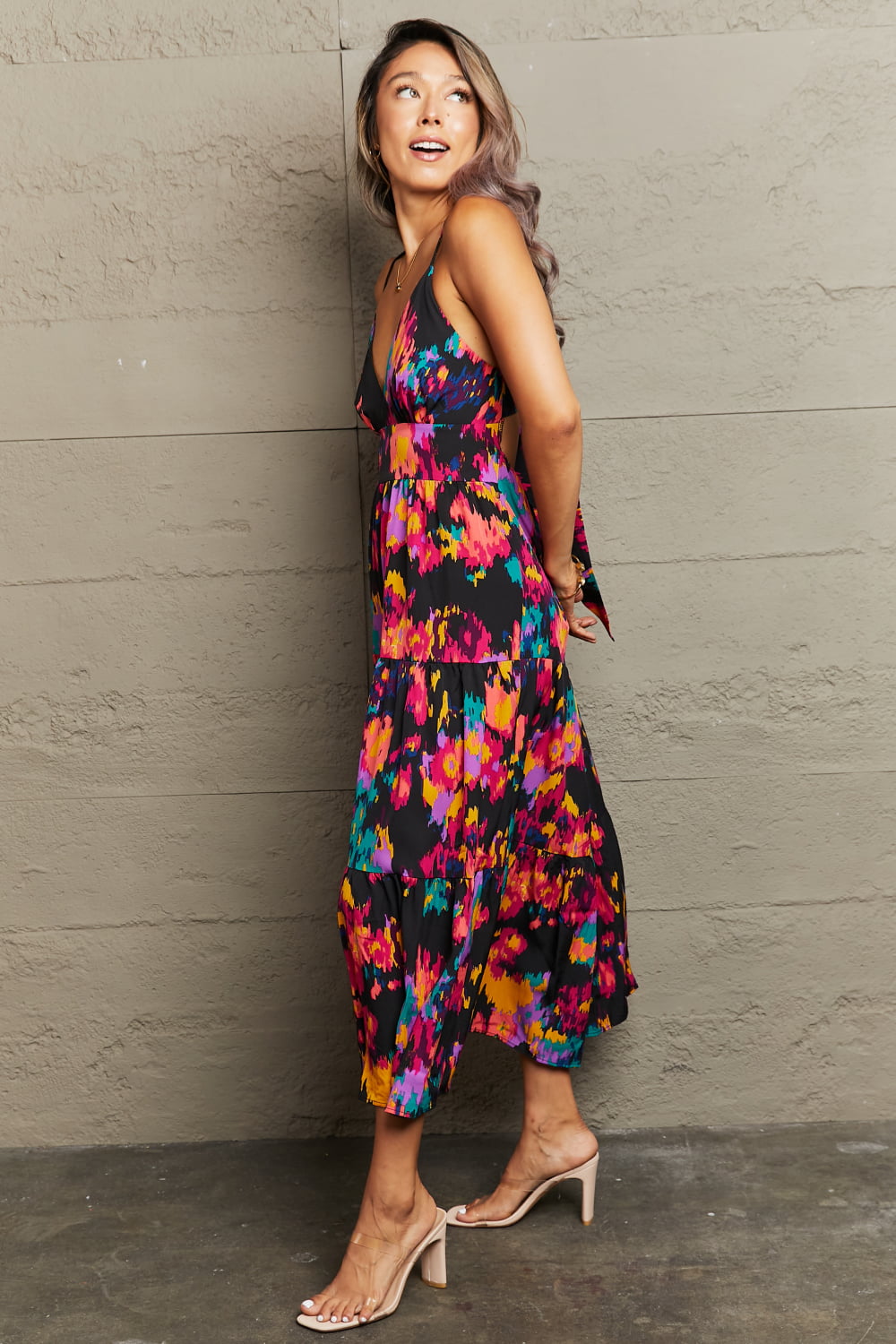 Abstract brushstroke midi dress with back tie and tiered skirt.