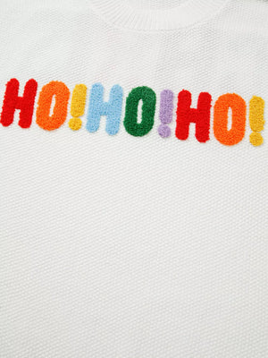 White chenille holiday knit sweater with colorful HO HO HO applique and crew neck.
