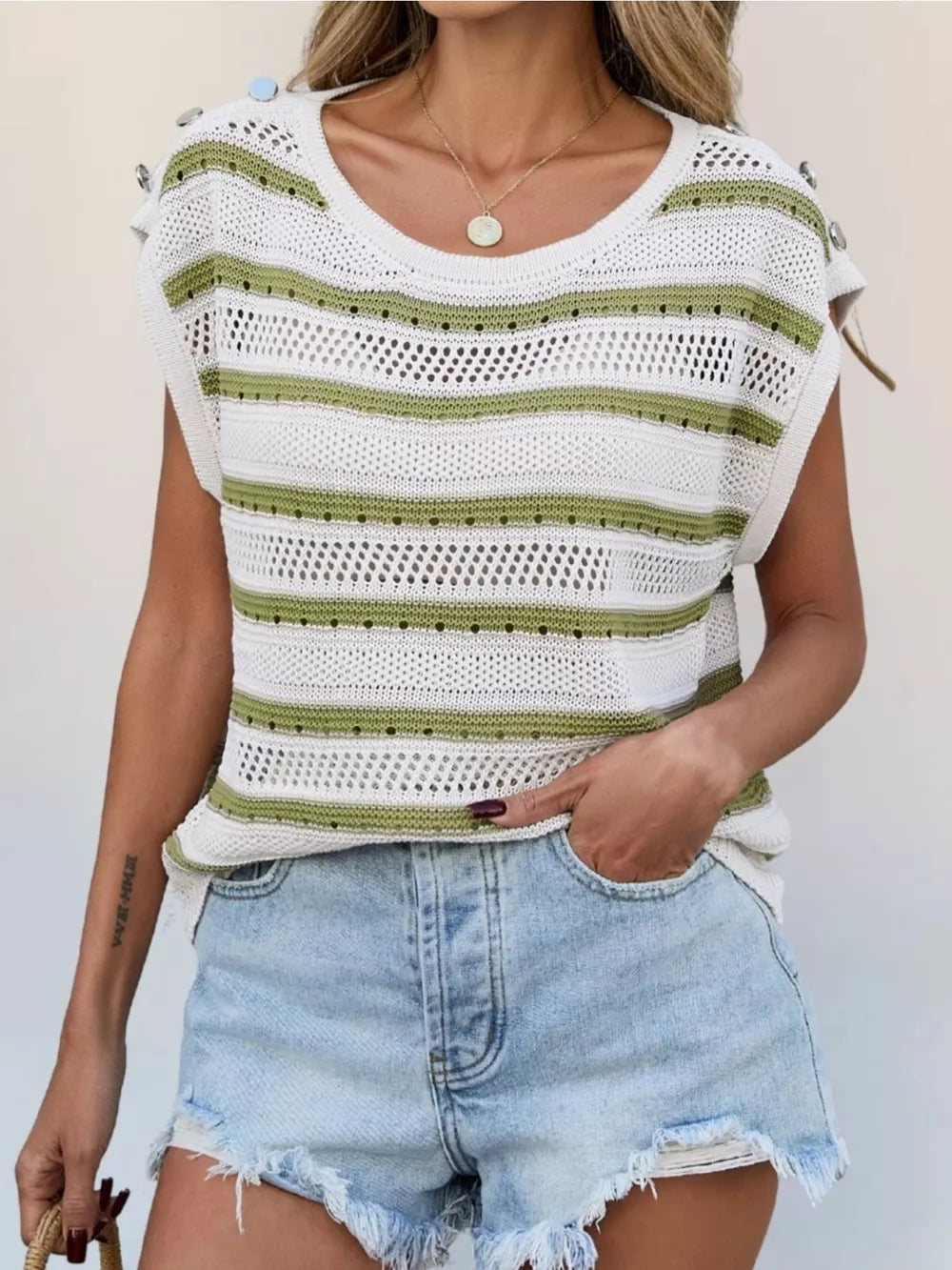 Chic openwork knit top with decorative buttons in green and white stripes, cap sleeves, 100% viscose.