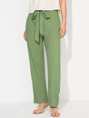 Bean green maternity pants with relaxed wide legs and a tied detail waist.