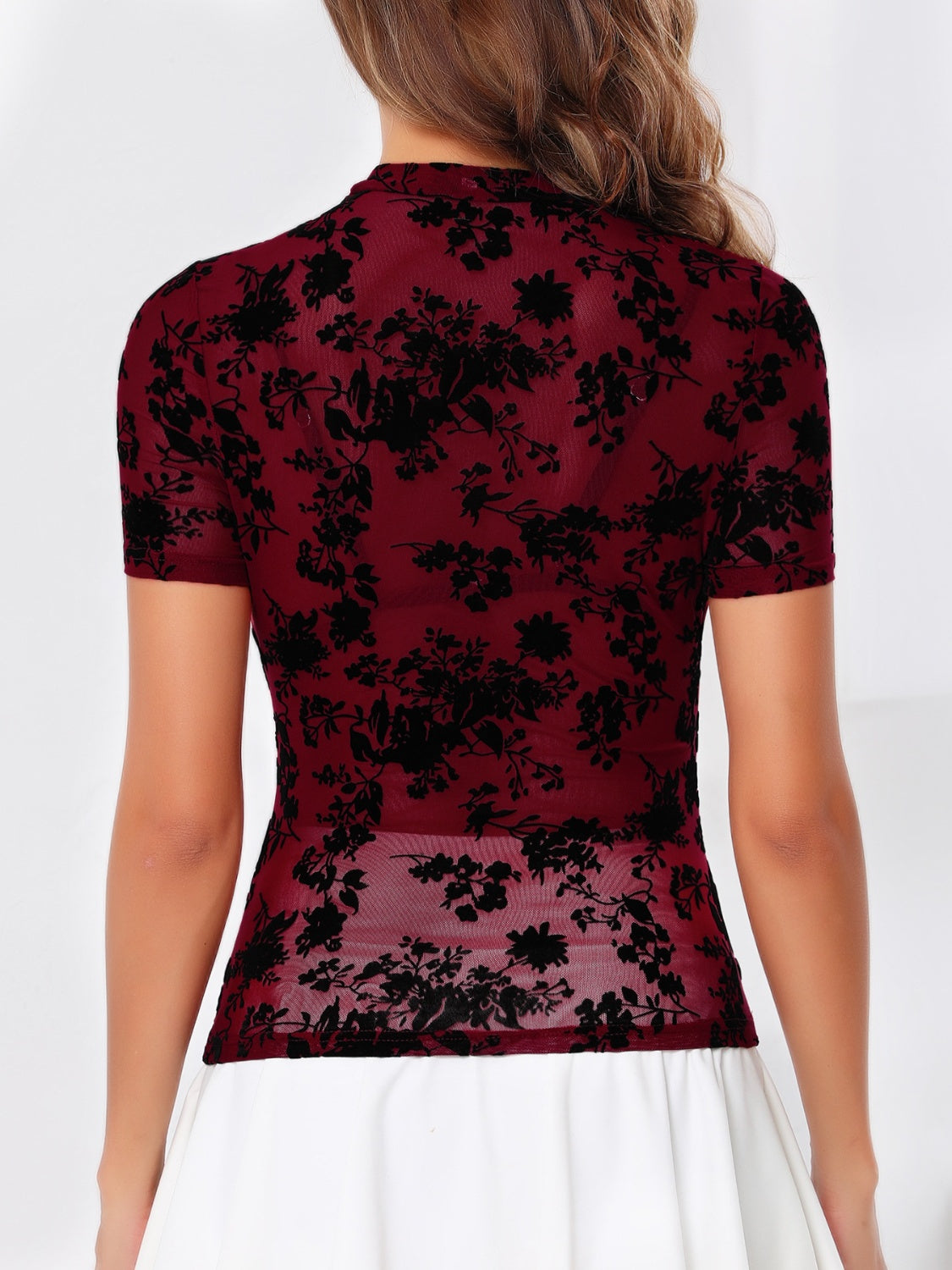 Burgundy velvet floral mesh mock neck top with short sleeves