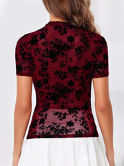 Burgundy velvet floral mesh mock neck top with short sleeves