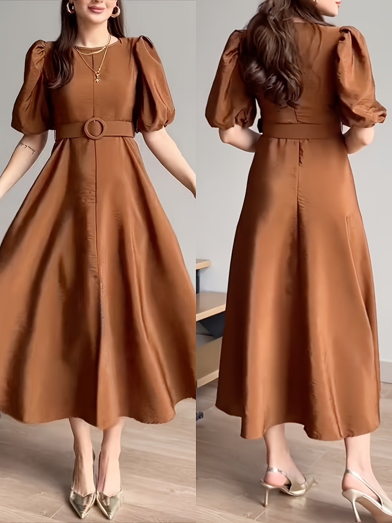 Brown belted midi dress with puff sleeves and a-line skirt
