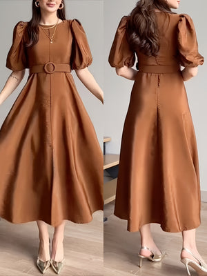 Brown belted midi dress with puff sleeves and a-line skirt
