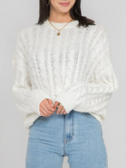 White cable knit sweater with openwork details and crew neck.