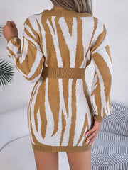 Tan zebra stripe knit fit-and-flare dress with long sleeves and cinched waist.