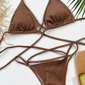 Mocha ribbed halter bikini set with crisscross tie details.
