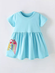 Light blue cotton babydoll dress with crew neck and rainbow frog embroidery