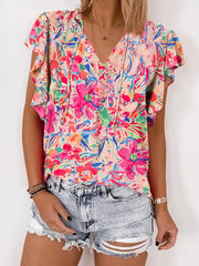 Multicolour Floral Ruffled Sleeve V Neck Blouse in Blush Pink, front view