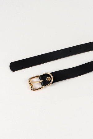 Black leather belt with gold buckle and hardware detail