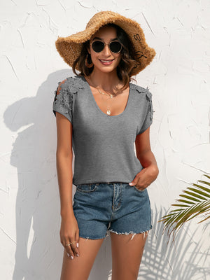 Gray Dawn lace shoulder detail tee with a scoop neck and short sleeves.
