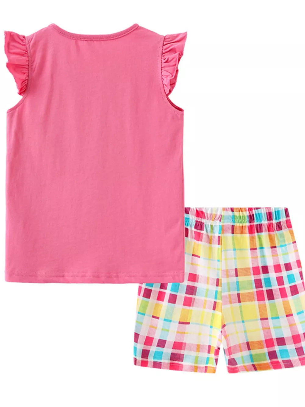 Toddler girls' pink cotton set with ruffled sleeves and colorful plaid shorts.