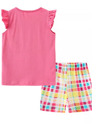 Toddler girls' pink cotton set with ruffled sleeves and colorful plaid shorts.