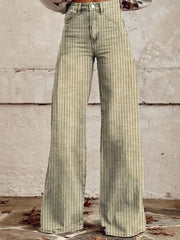 High-waisted wide-leg jeans in green with white pinstripes and pockets.