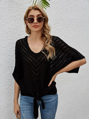 Black chevron knit tie-front cover-up with batwing sleeves and V-neck