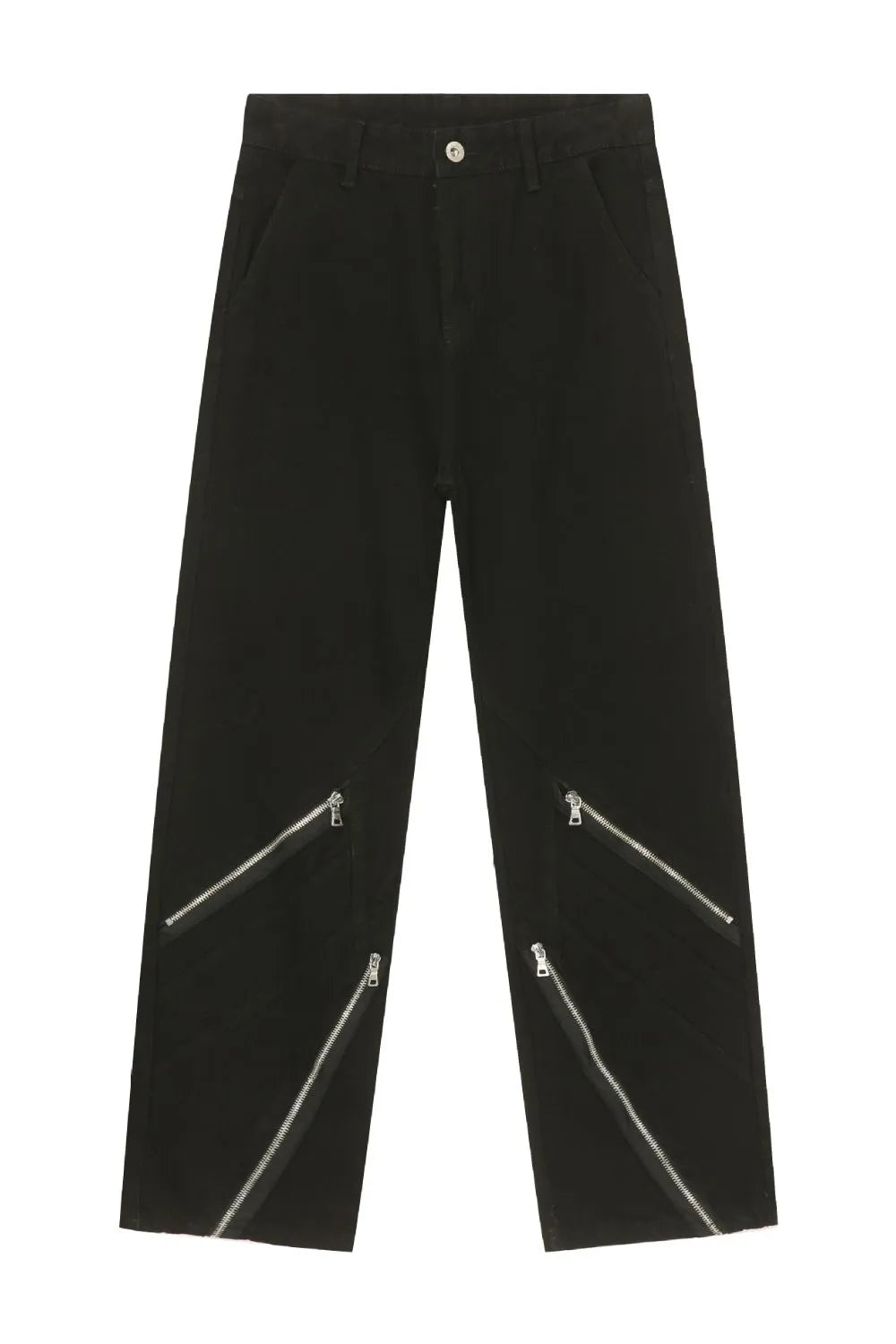 Zipped hem black denim trousers with multiple silver zippers on the lower legs.