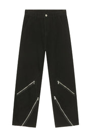 Zipped hem black denim trousers with multiple silver zippers on the lower legs.