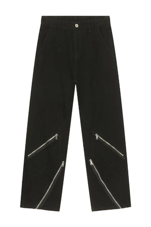 Zipped hem black denim trousers with multiple silver zippers on the lower legs.