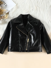 Black faux leather baby jacket with asymmetrical zipper and lapel collar.
