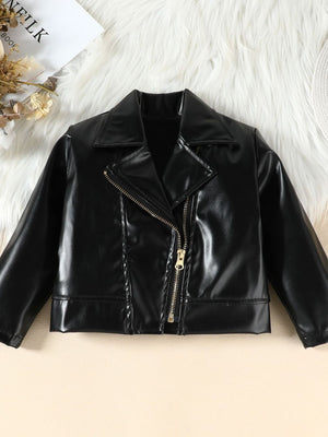 Black faux leather baby jacket with asymmetrical zipper and lapel collar.