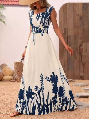 Botanical print maxi dress with square neck, cap sleeves, and elastic waist.