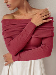 Burgundy ribbed knit off-the-shoulder sweater with long sleeves