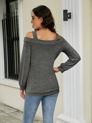 Charcoal cutout shoulder square neck blouse with long sleeves.