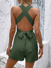 Moss sleeveless romper with crisscross back and tie waist