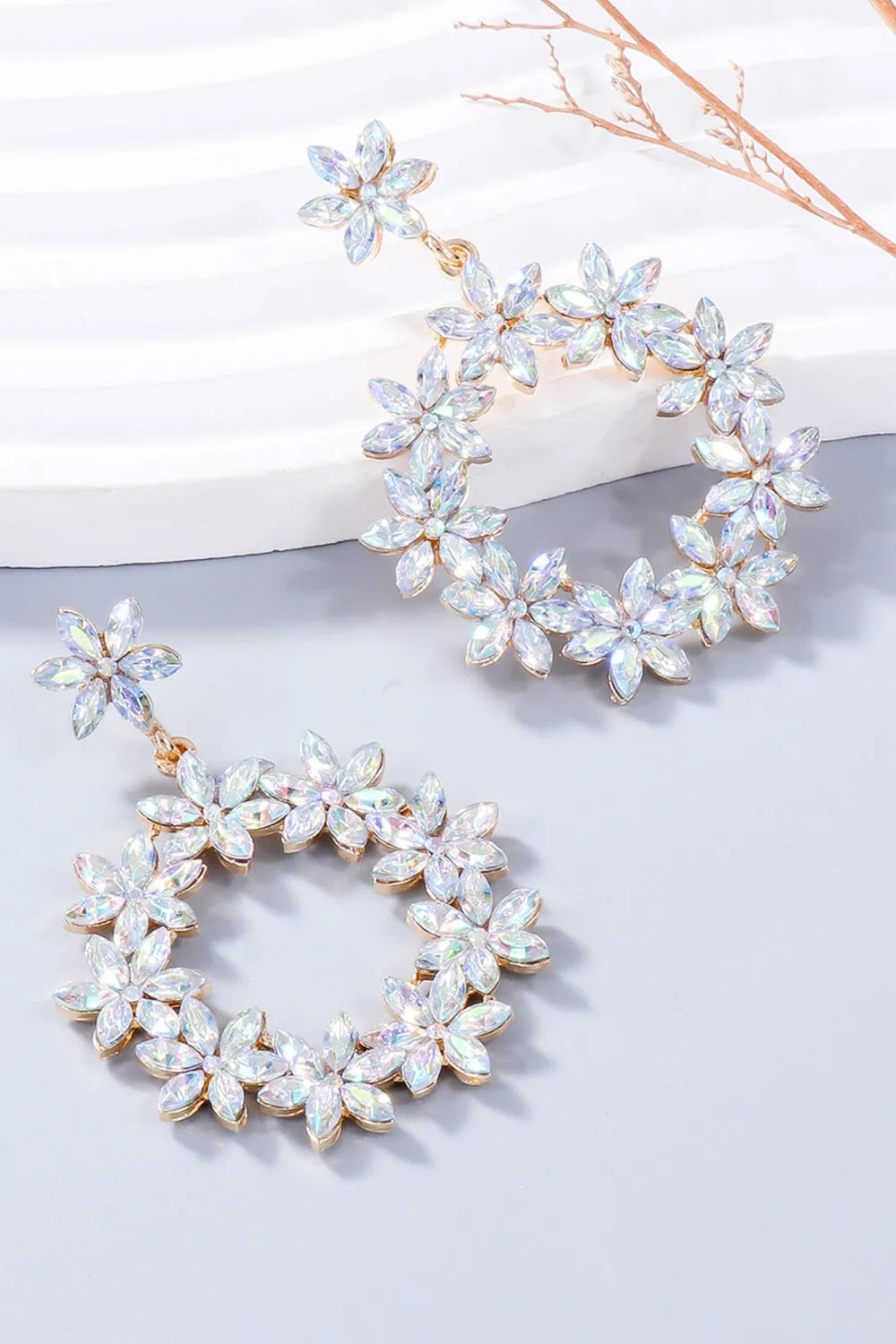 Floral halo drop earrings with crystal flowers, alloy.