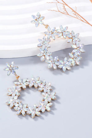 Floral halo drop earrings with crystal flowers, alloy.