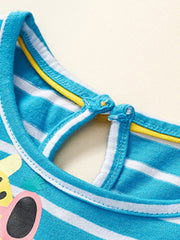 Toddler blue striped cotton dress with animal appliqué detail and button closure at back neck.